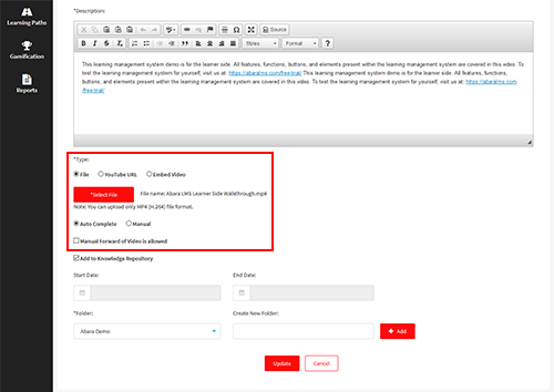 Video-Based Training Features In Abara Lms Video management on abara lms