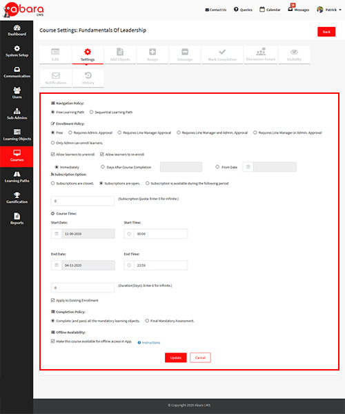 Lms with basic and advanced settings