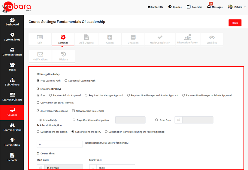 Lms with basic and advanced settings
