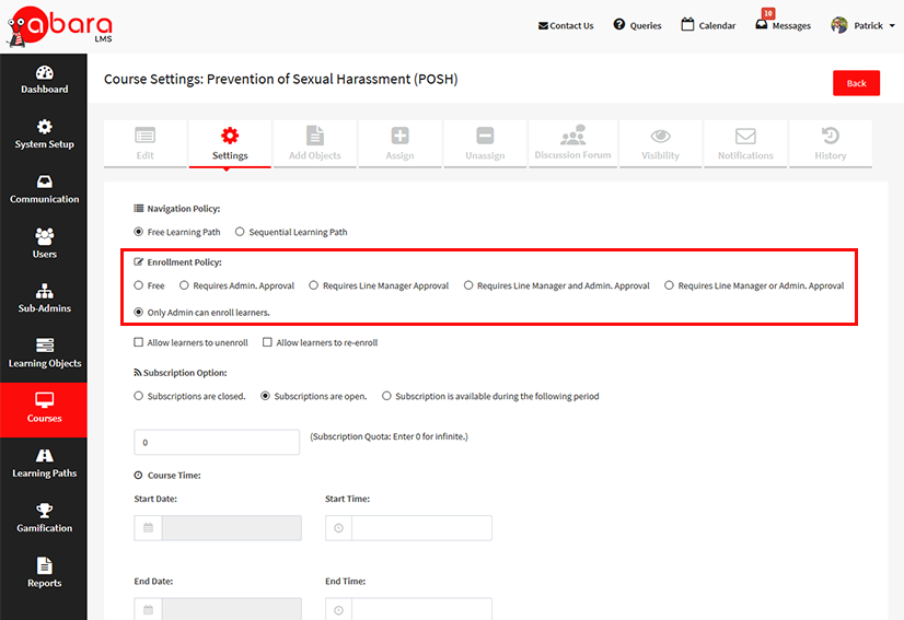 Lms course distribution features